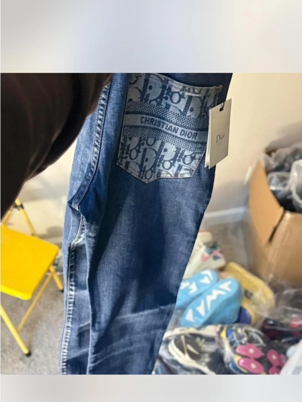 Dior Men's Dark Blue Denim Jeans with Monogram Pocket